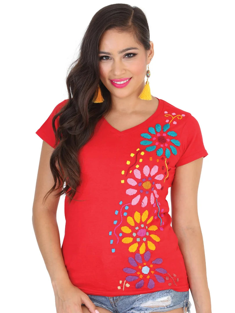 El General Women Artisanal Embroidered Sport T-Shirt 50% Cotton 50% Polyester Red 601988