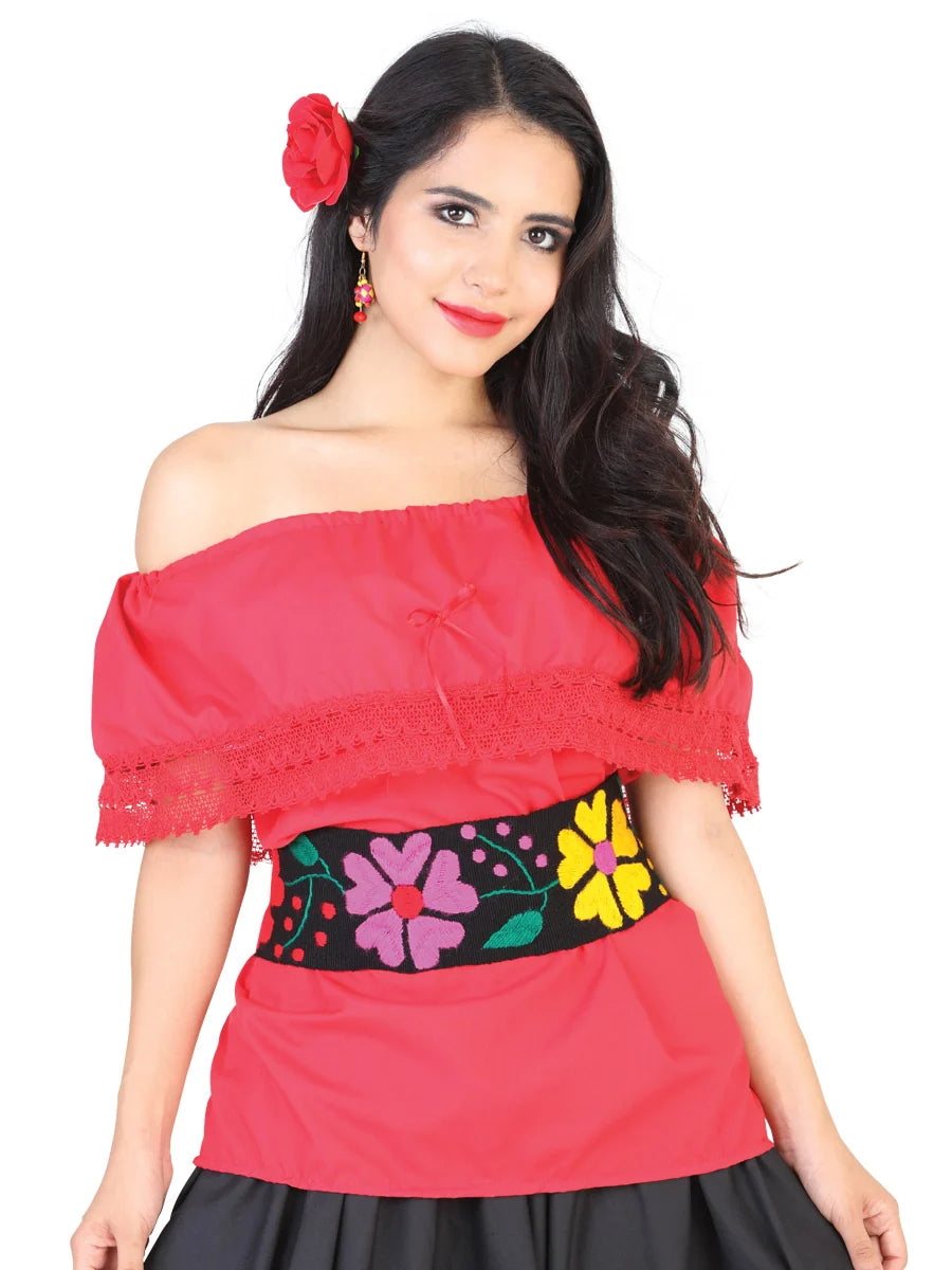 El General Women Mexican Artisanal Blouse 50% Cotton, %50 Polyester Red 602094