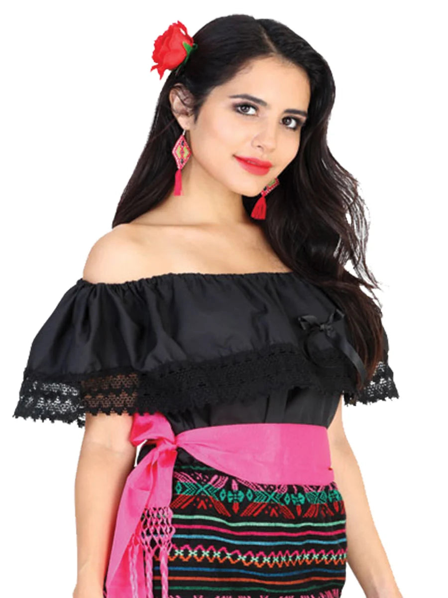 El General Women Mexican Artisanal Blouse 50% Cotton, %50 Polyester Black 602095