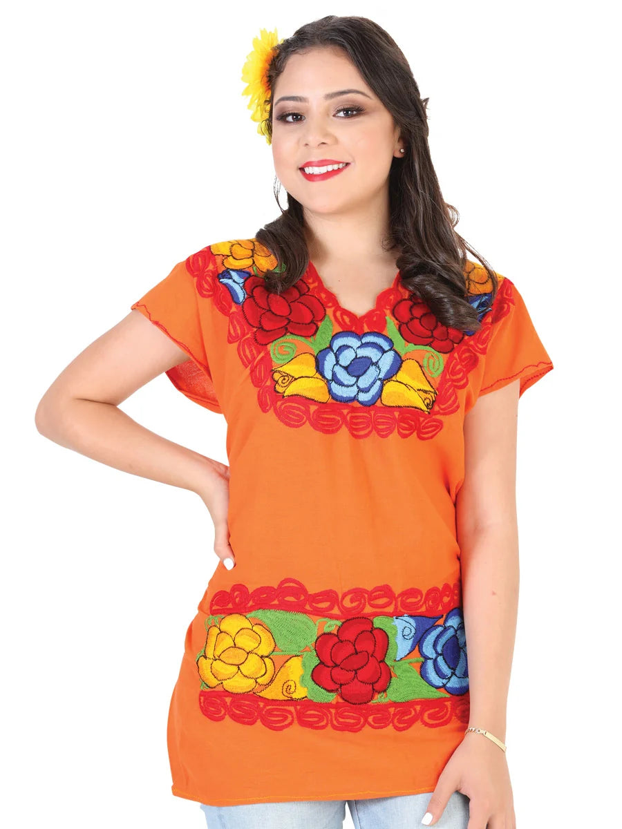 El General Women Artisanal Embroidered Blouse 100% Cotton Orange 602303