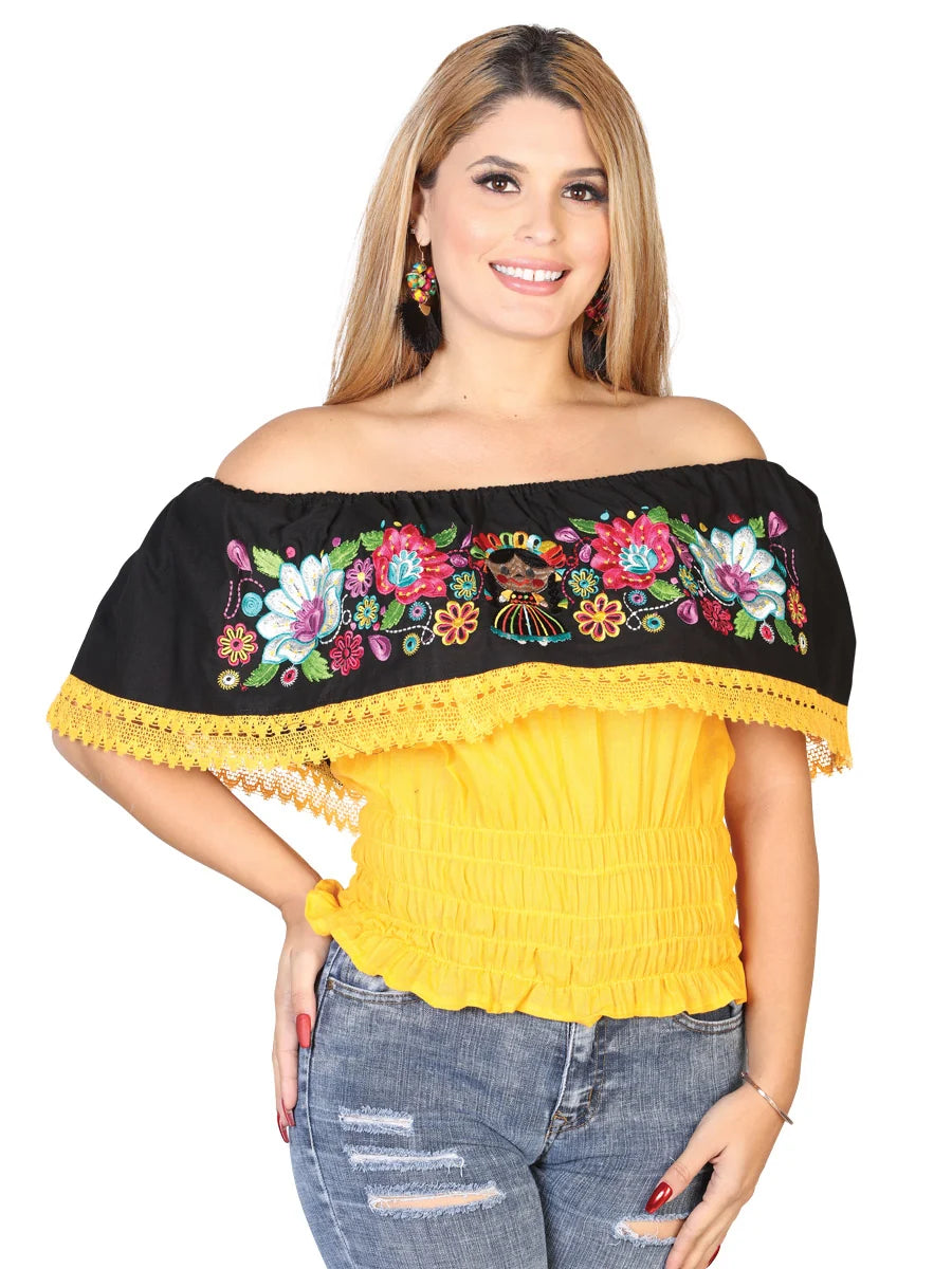 El General Women Artisanal Embroidered Blouse 100% Cotton Yellow 602450