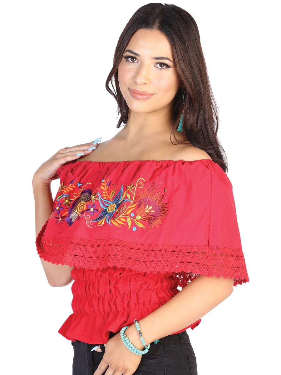El General Women Artisanal Embroidered Blouse 50% Cotton, 50% Polyester Red 602454