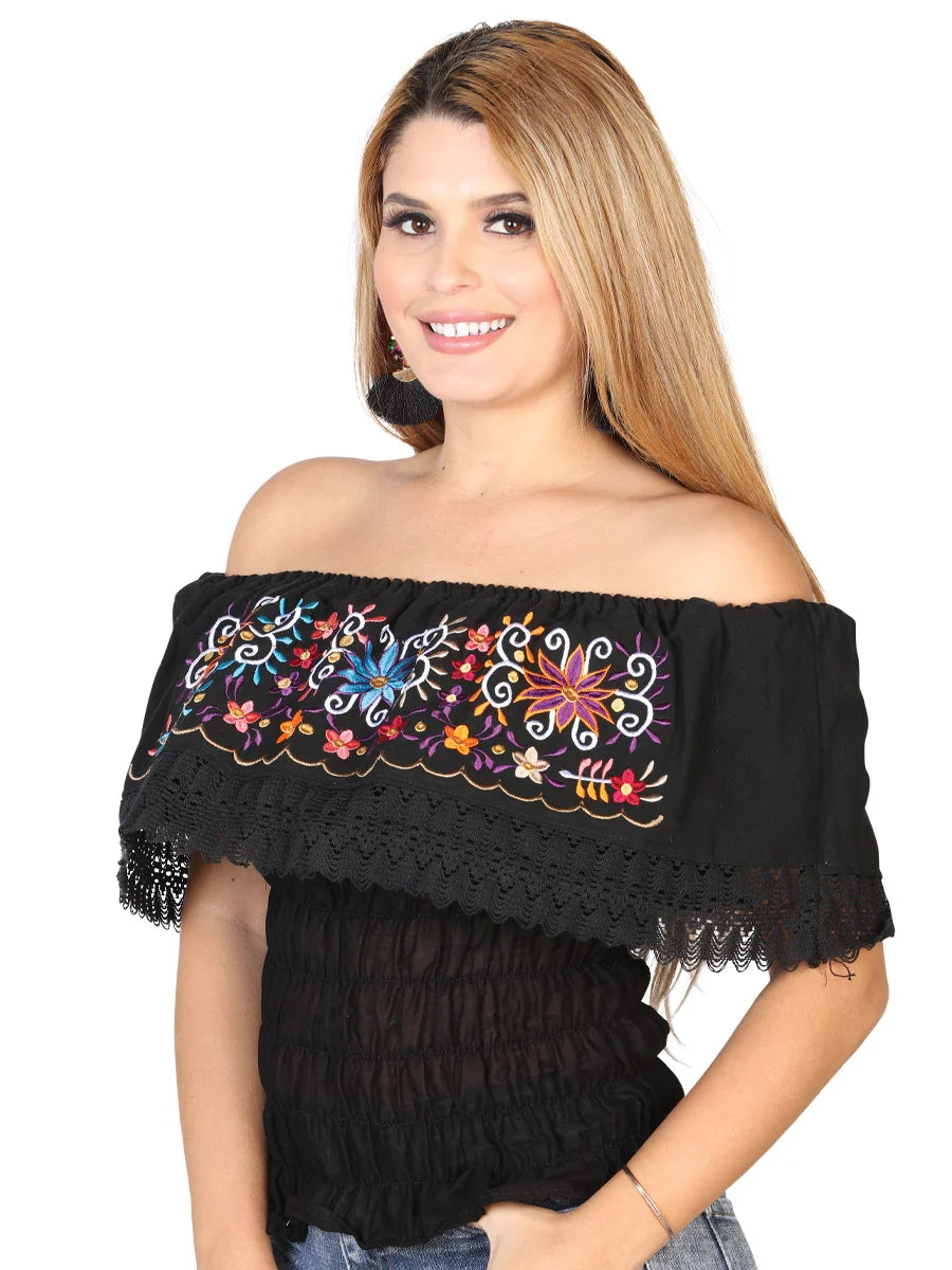 El General Women Artisanal Embroidered Blouse 100% Cotton Black 602458