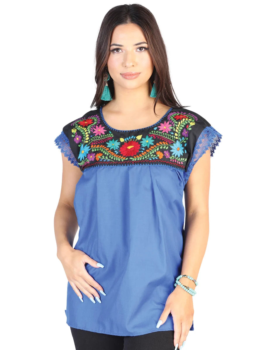El General Women Artisanal Embroidered Blouse 50% Cotton 50% Polyester Royal Blue 602462