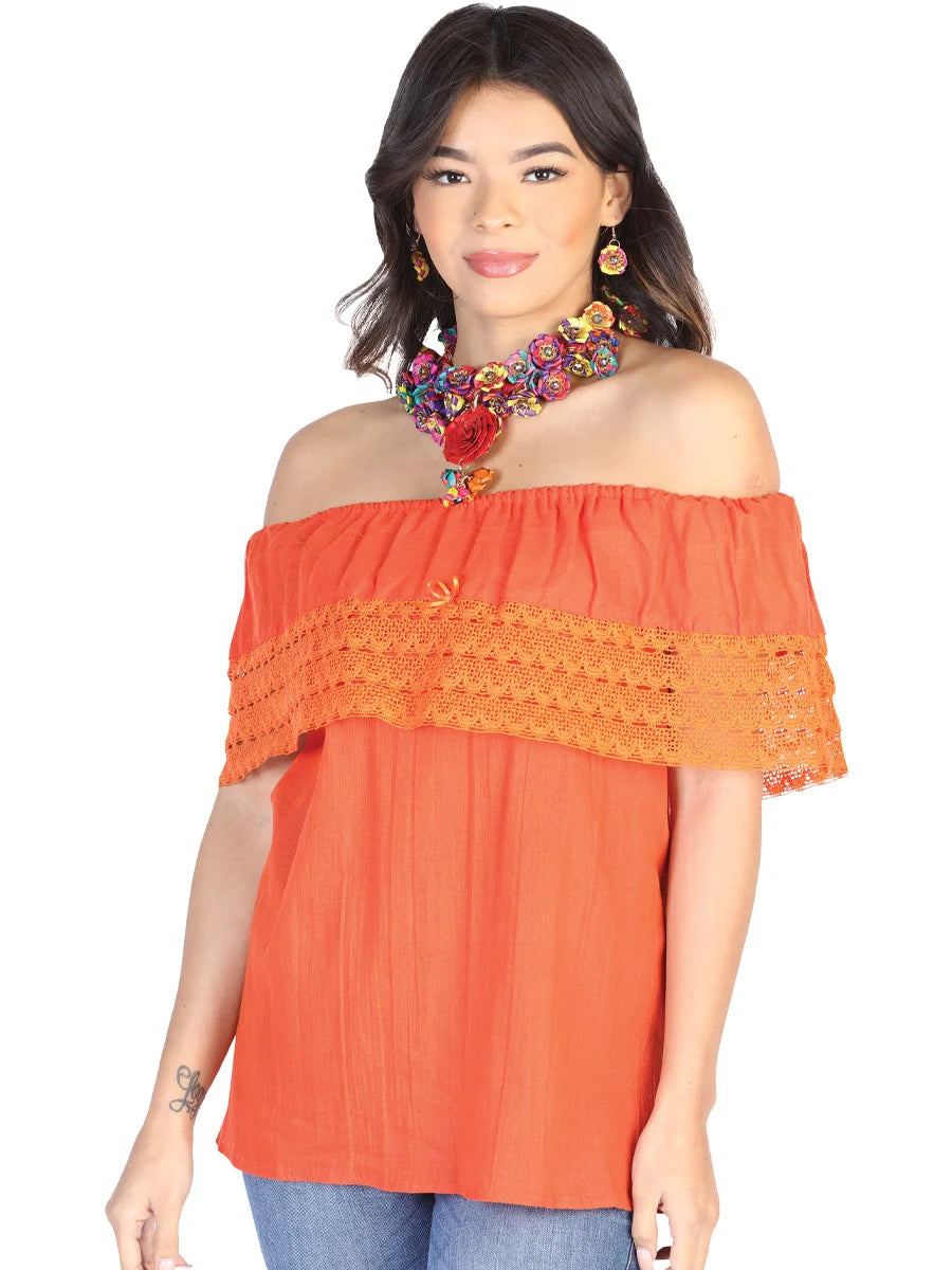 El General Women Mexican Artisanal Blouse 50% Cotton, %50 Polyester Orange 602512