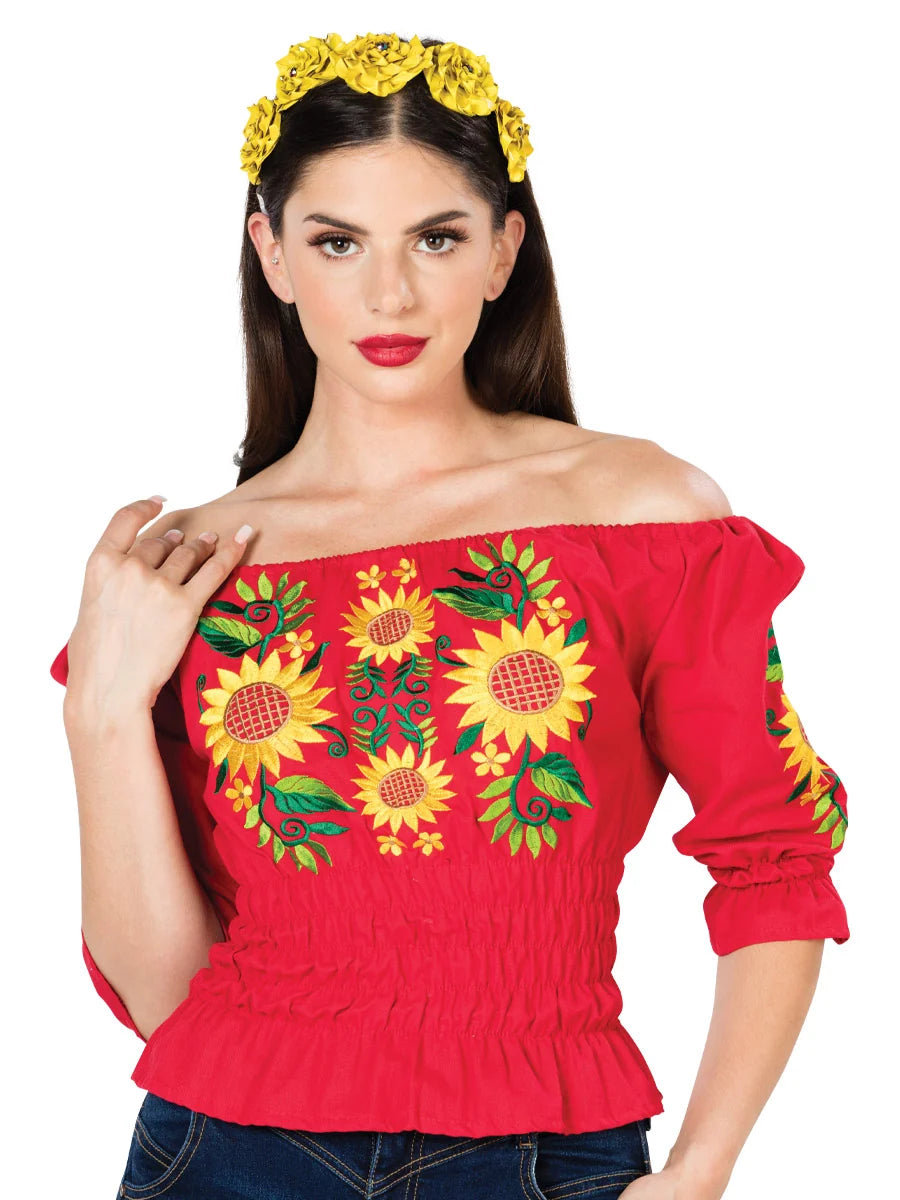 El General Women Artisanal Embroidered Blouse 100% Cotton Red 603045