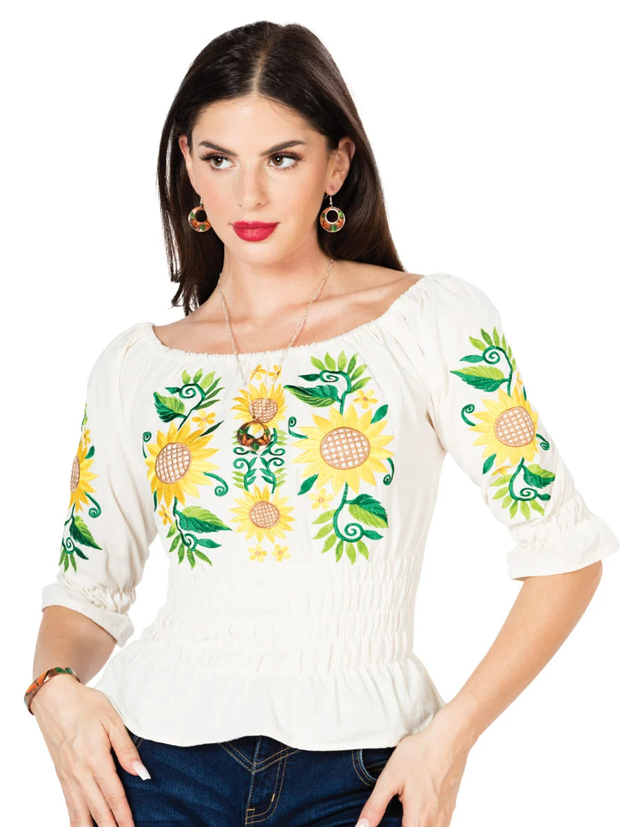 El General Women Artisanal Embroidered Blouse 100% Cotton Beige 603046