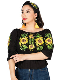 El General Women Artisanal Embroidered Blouse 100% Cotton Black 603047