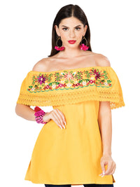 El General Women Artisanal Embroidered Blouse 100% Cotton Yellow 603051