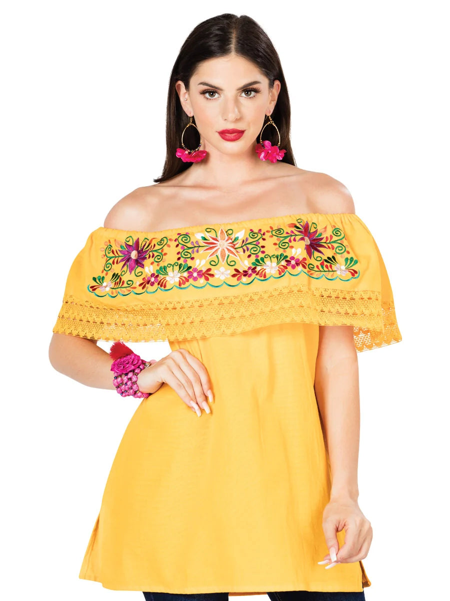 El General Women Artisanal Embroidered Blouse 100% Cotton Yellow 603051