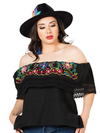 El General Women Artisanal Embroidered Blouse 100% Cotton Black 603053