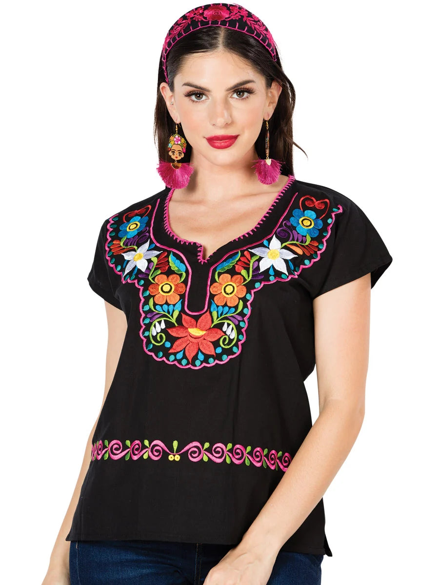 El General Women Artisanal Embroidered Blouse 100% Cotton Black 603058