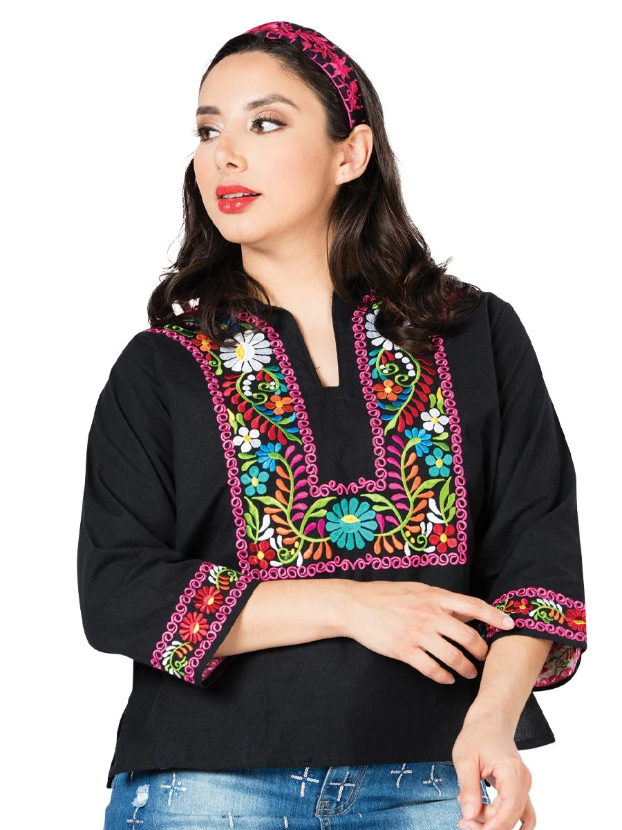 El General Women Artisanal Embroidered Blouse 100% Cotton Black 603059