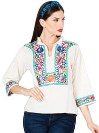 El General Women Artisanal Embroidered Blouse 100% Cotton Beige 603060