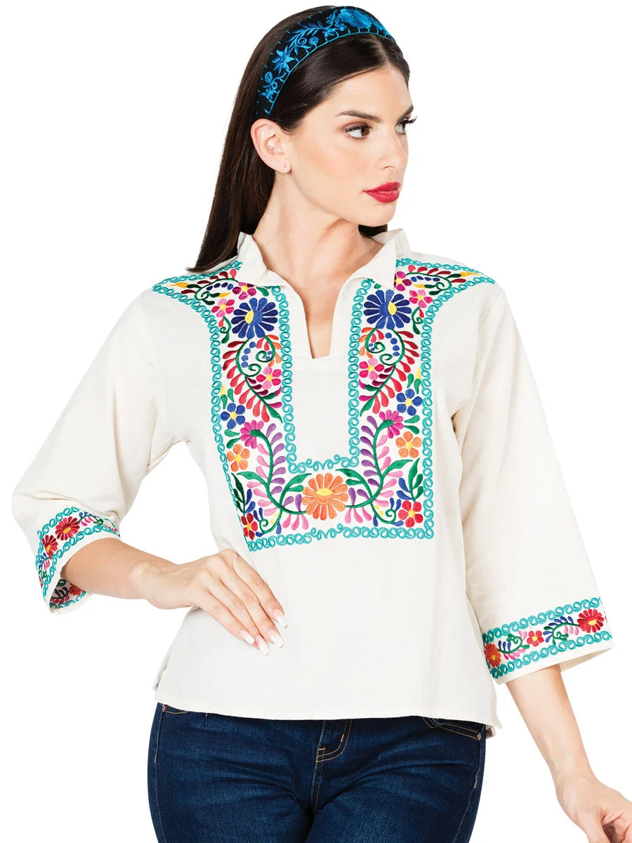 El General Women Artisanal Embroidered Blouse 100% Cotton Beige 603060
