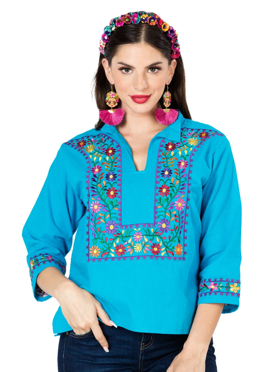 El General Women Artisanal Embroidered Blouse 100% Cotton Blue 603061