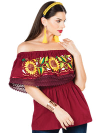 El General Women Artisanal Embroidered Blouse 100% Cotton Wine 603065