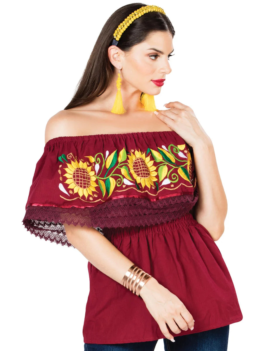 El General Women Artisanal Embroidered Blouse 100% Cotton Wine 603065
