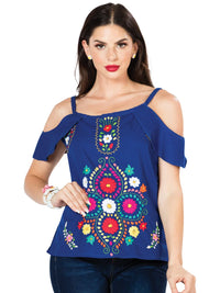 El General Women Artisanal Embroidered Blouse 100% Cotton Blue 603069
