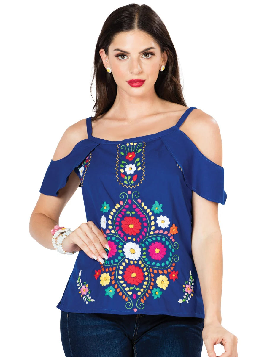 El General Women Artisanal Embroidered Blouse 100% Cotton Blue 603069