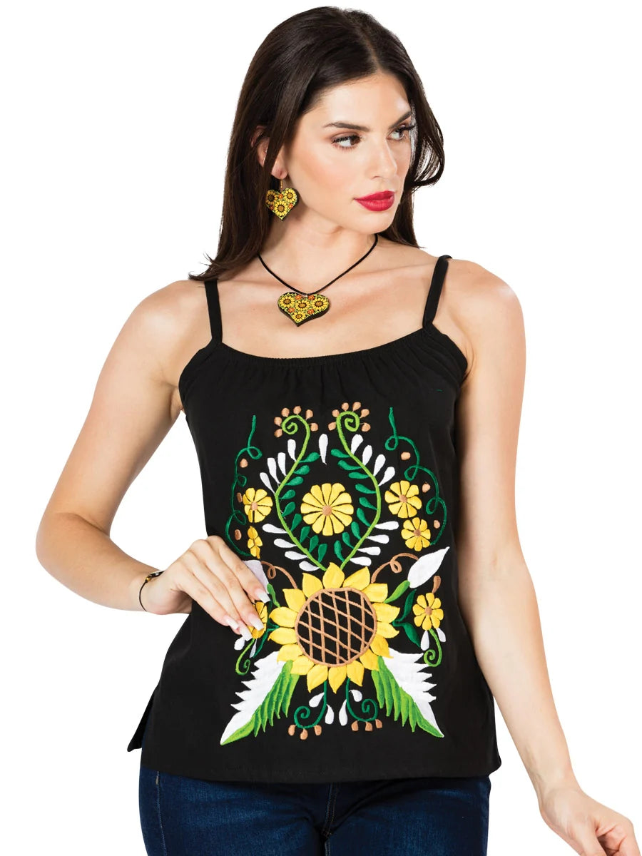 El General Women Artisanal Embroidered Blouse 100% Cotton Black 603070
