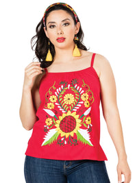 El General Women Artisanal Embroidered Blouse 100% Cotton Red 603073