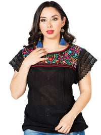 El General Women Artisanal Embroidered Blouse 100% Cotton Black 603098