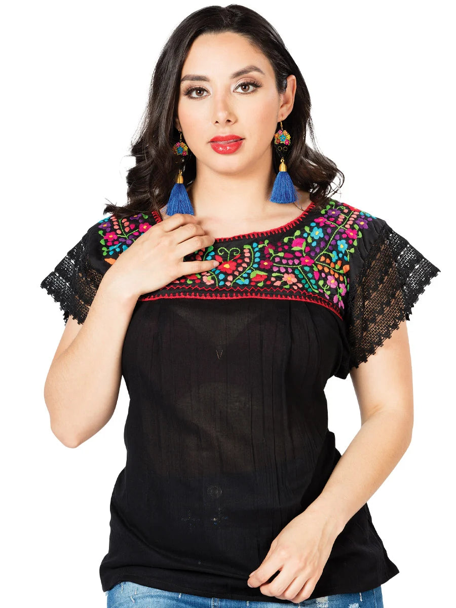 El General Women Artisanal Embroidered Blouse 100% Cotton Black 603098