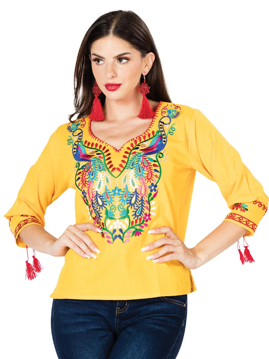 El General Women Artisanal Embroidered Blouse 100% Cotton Yellow 603180