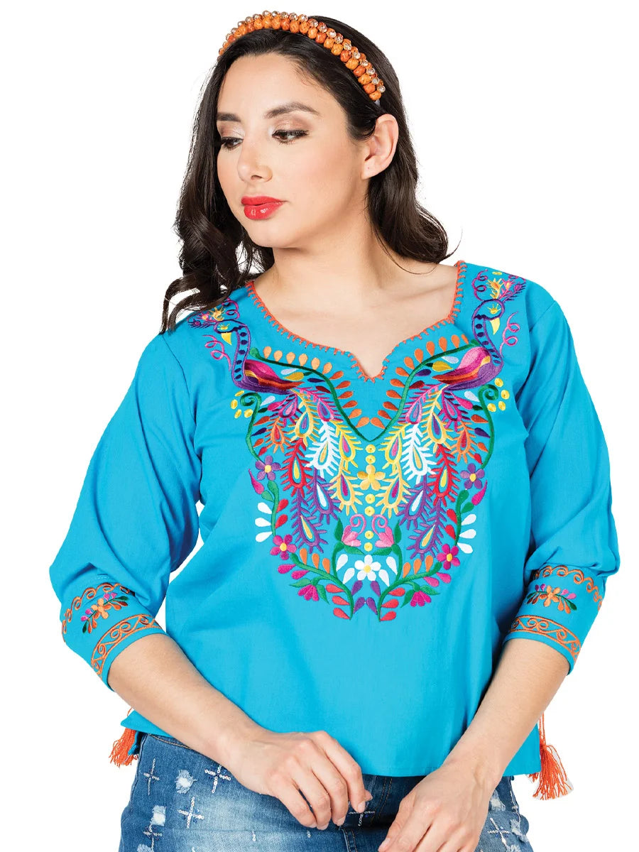 El General Women Artisanal Embroidered Blouse 100% Cotton Blue 603181