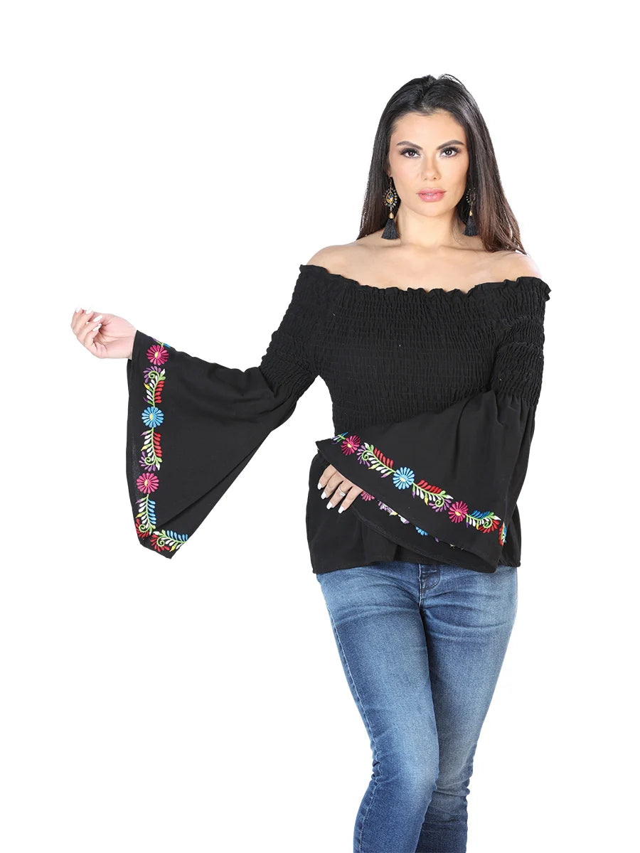 El General Women Artisanal Embroidered Blouse 100% Cotton Black 603897