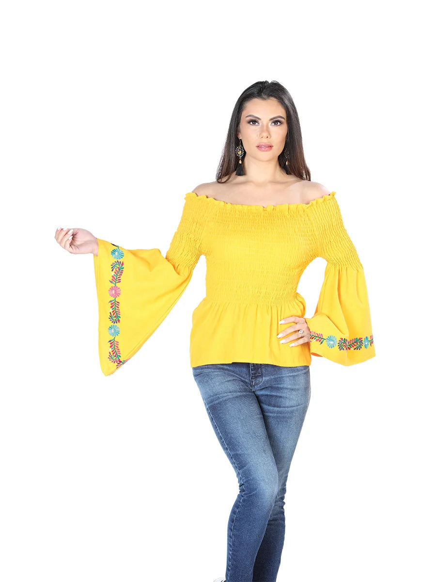 El General Women Artisanal Embroidered Blouse 100% Cotton Yellow 603899