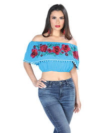 El General Women Artisanal Embroidered Blouse 100% Cotton Turquoise 603938