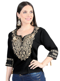 El General Women Artisanal Embroidered Blouse 100% Cotton Black 603960
