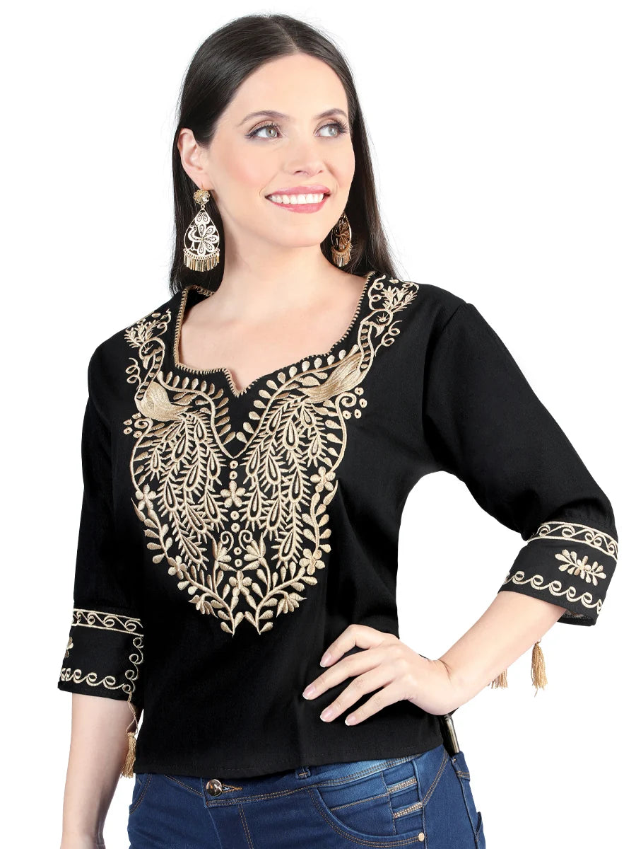 El General Women Artisanal Embroidered Blouse 100% Cotton Black 603960