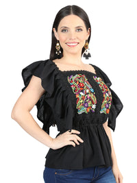 El General Women Artisanal Embroidered Blouse 100% Cotton Black 603966