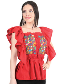El General Women Artisanal Embroidered Blouse 100% Cotton Red 603967