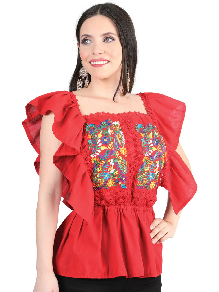 El General Women Artisanal Embroidered Blouse 100% Cotton Red 603967