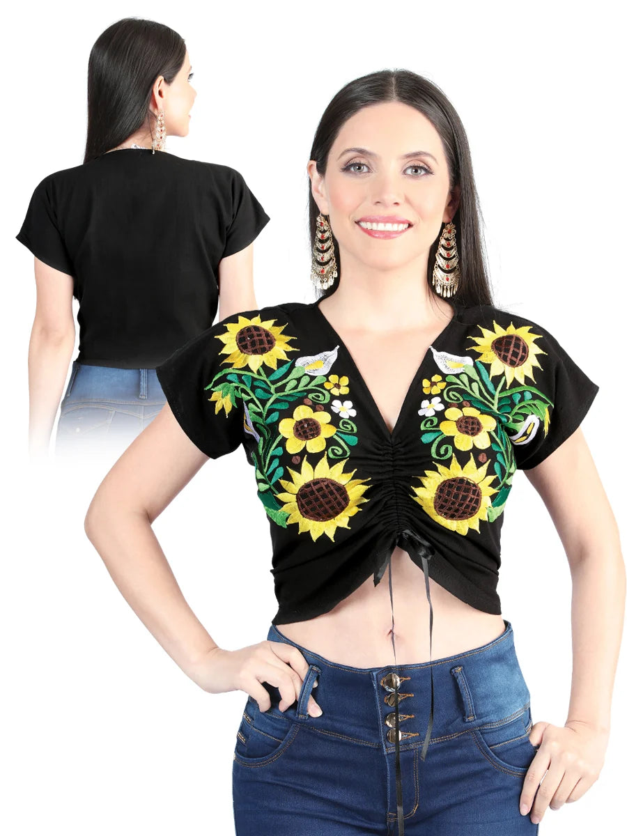 El General Women Artisanal Embroidered Blouse 100% Cotton Black 603986