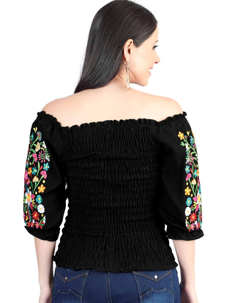 El General Women Artisanal Embroidered Blouse 100% Cotton Black 604012