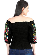 El General Women Artisanal Embroidered Blouse 100% Cotton Black 604012