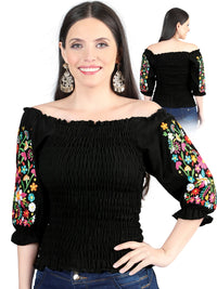 El General Women Artisanal Embroidered Blouse 100% Cotton Black 604012