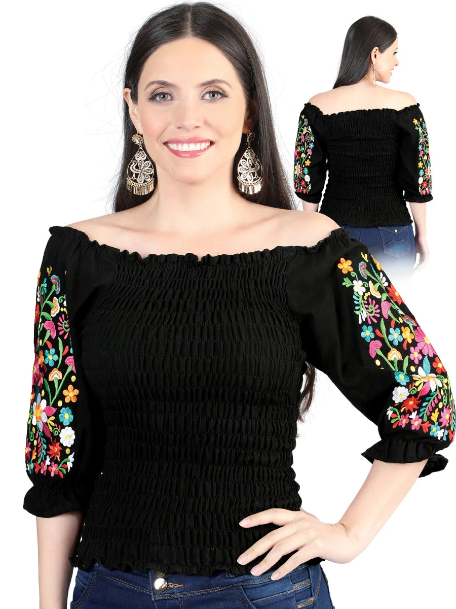 El General Women Artisanal Embroidered Blouse 100% Cotton Black 604012