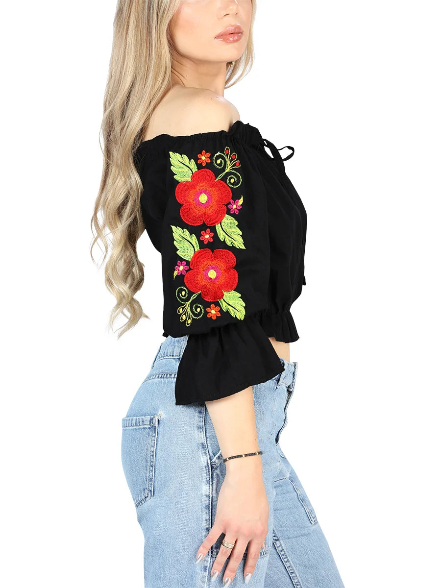 El General Women Artisanal Embroidered Blouse 100% Cotton Black 604050