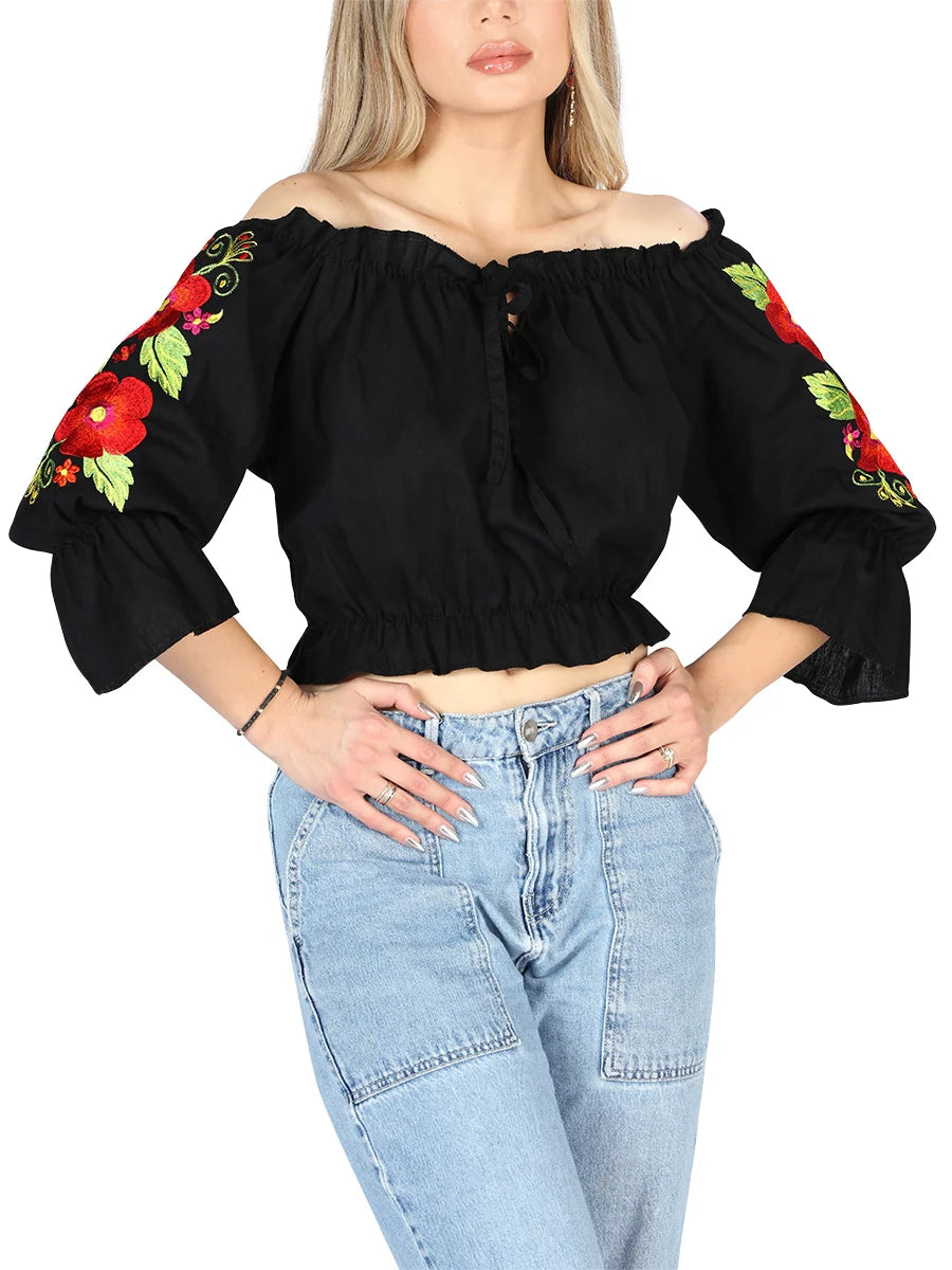 El General Women Artisanal Embroidered Blouse 100% Cotton Black 604050