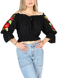 El General Women Artisanal Embroidered Blouse 100% Cotton Black 604050
