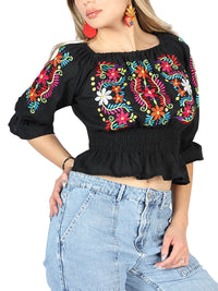 El General Women Artisanal Embroidered Blouse 100% Cotton Black 604051