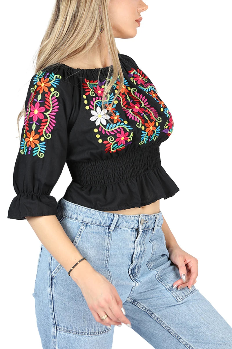 El General Women Artisanal Embroidered Blouse 100% Cotton Black 604051