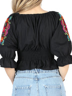 El General Women Artisanal Embroidered Blouse 100% Cotton Black 604051