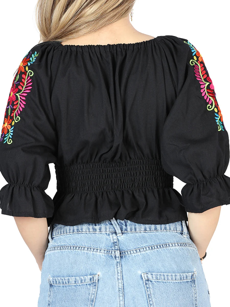 El General Women Artisanal Embroidered Blouse 100% Cotton Black 604051